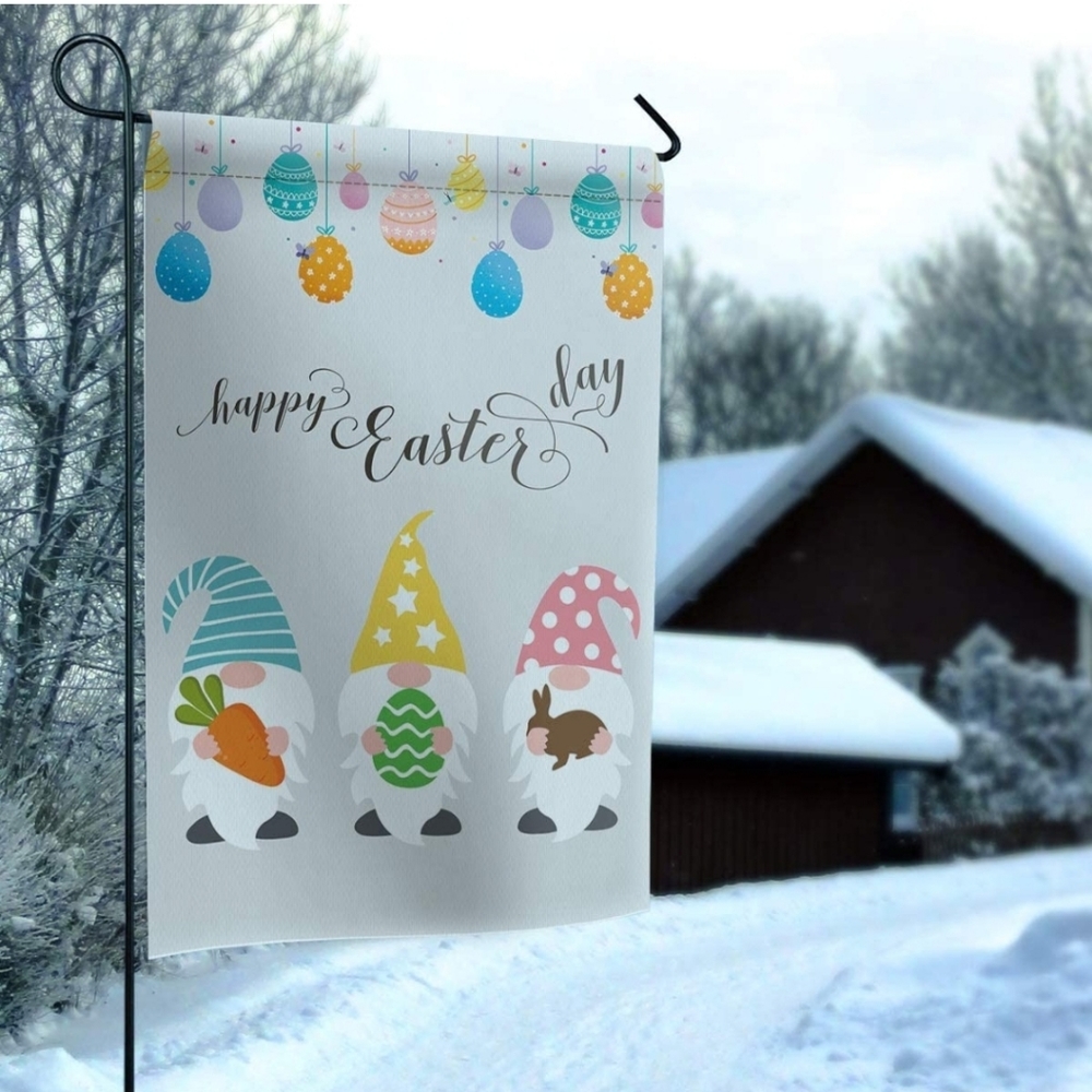 Happy Easter gnomes, bunny, colorful eggs, garden flags